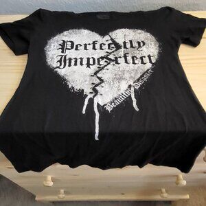 Beautiful Disaster black T-shirt with safety pins holding together a broken hear